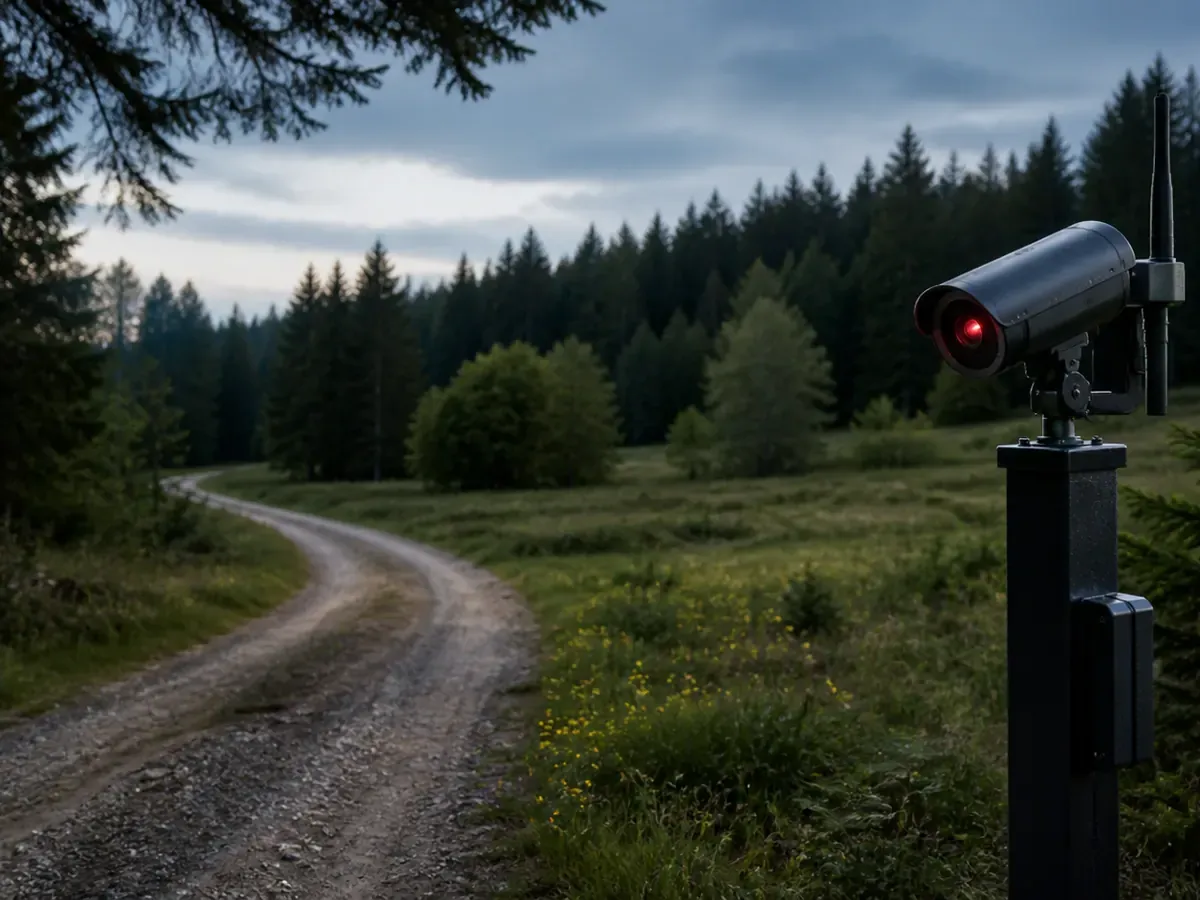 Kamera monitorująca leśną drogę i teren otwarty