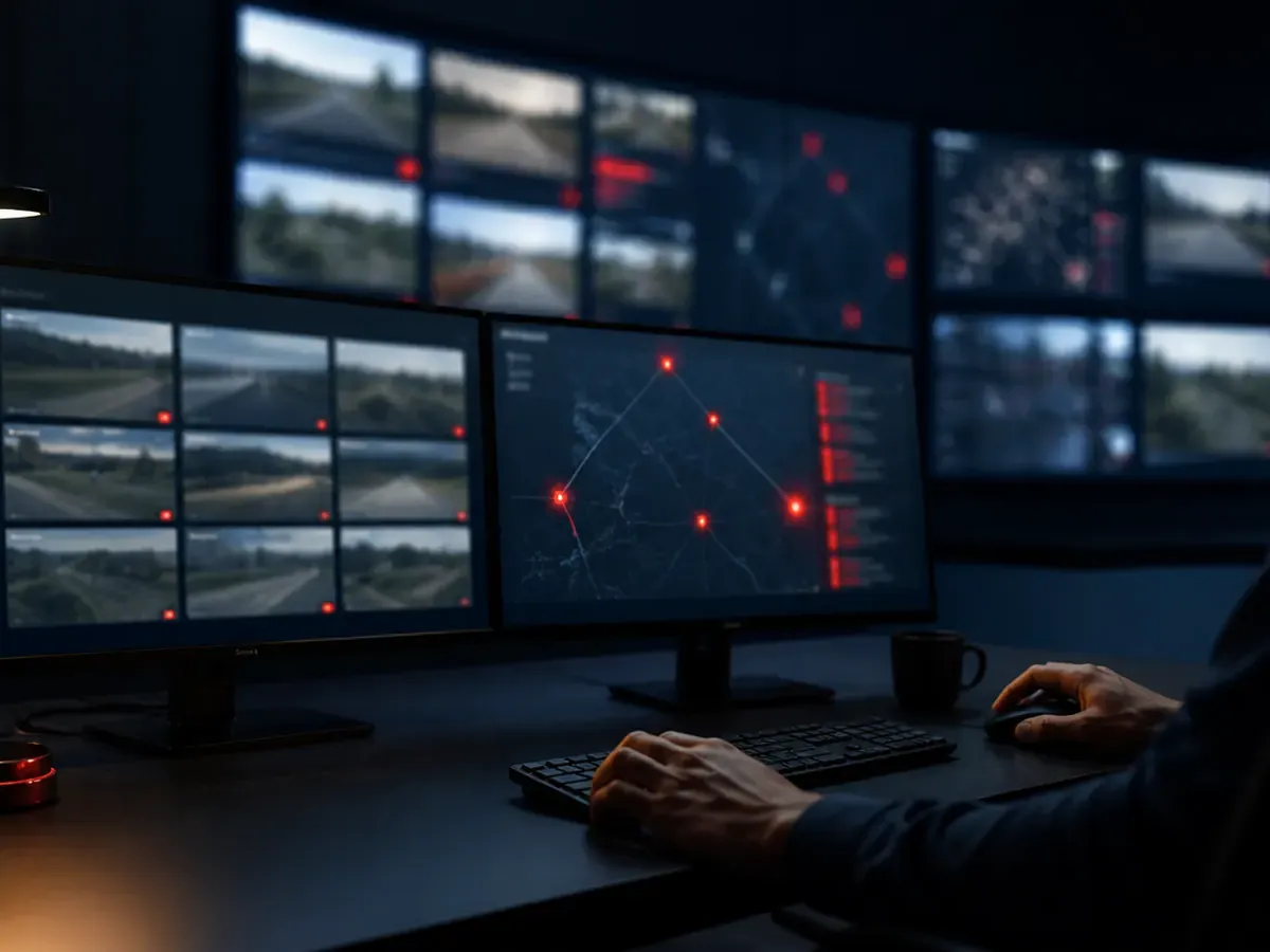 Centralne stanowisko monitoringu z wieloma kamerami i mapą zdarzeń